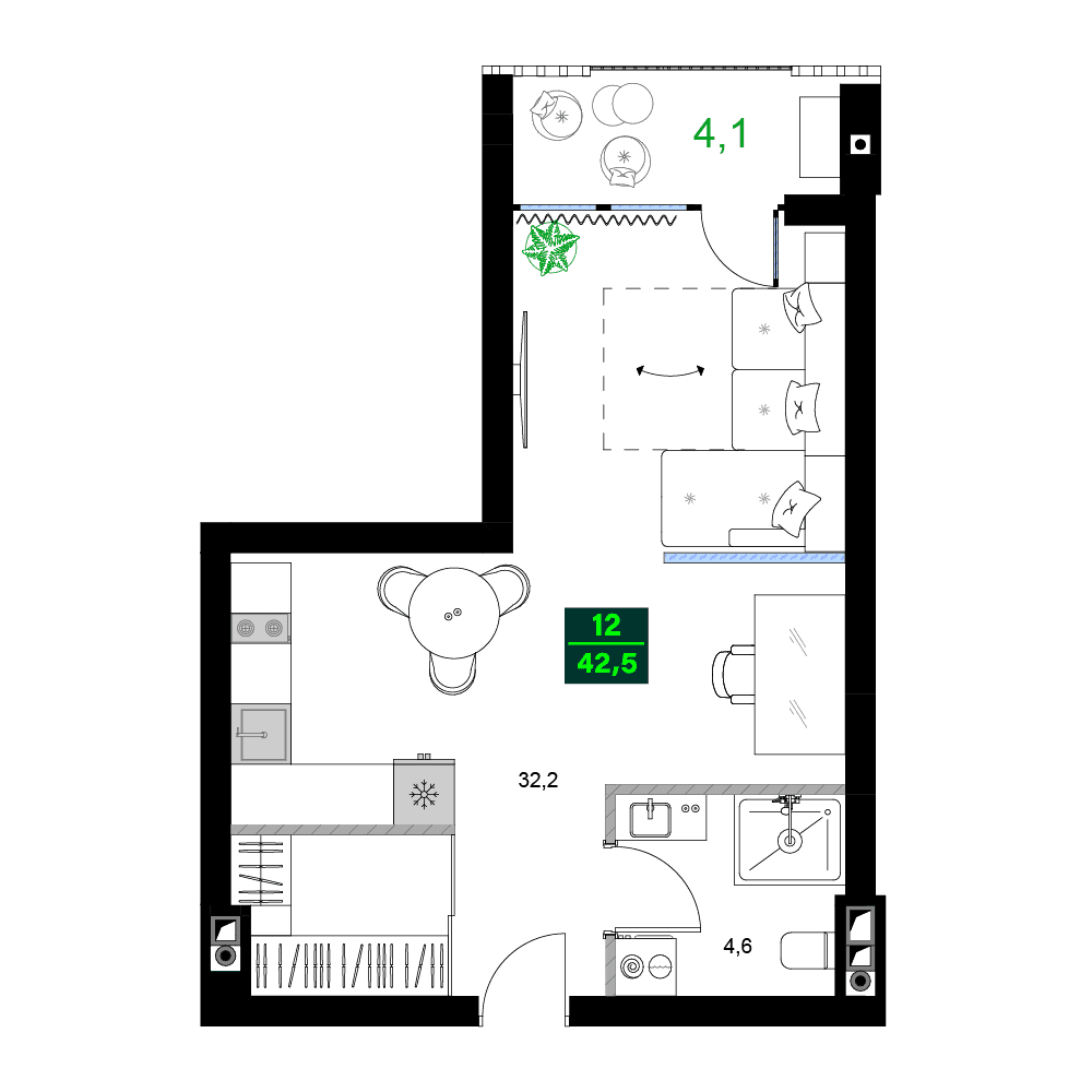 两居室, 42.5 m²