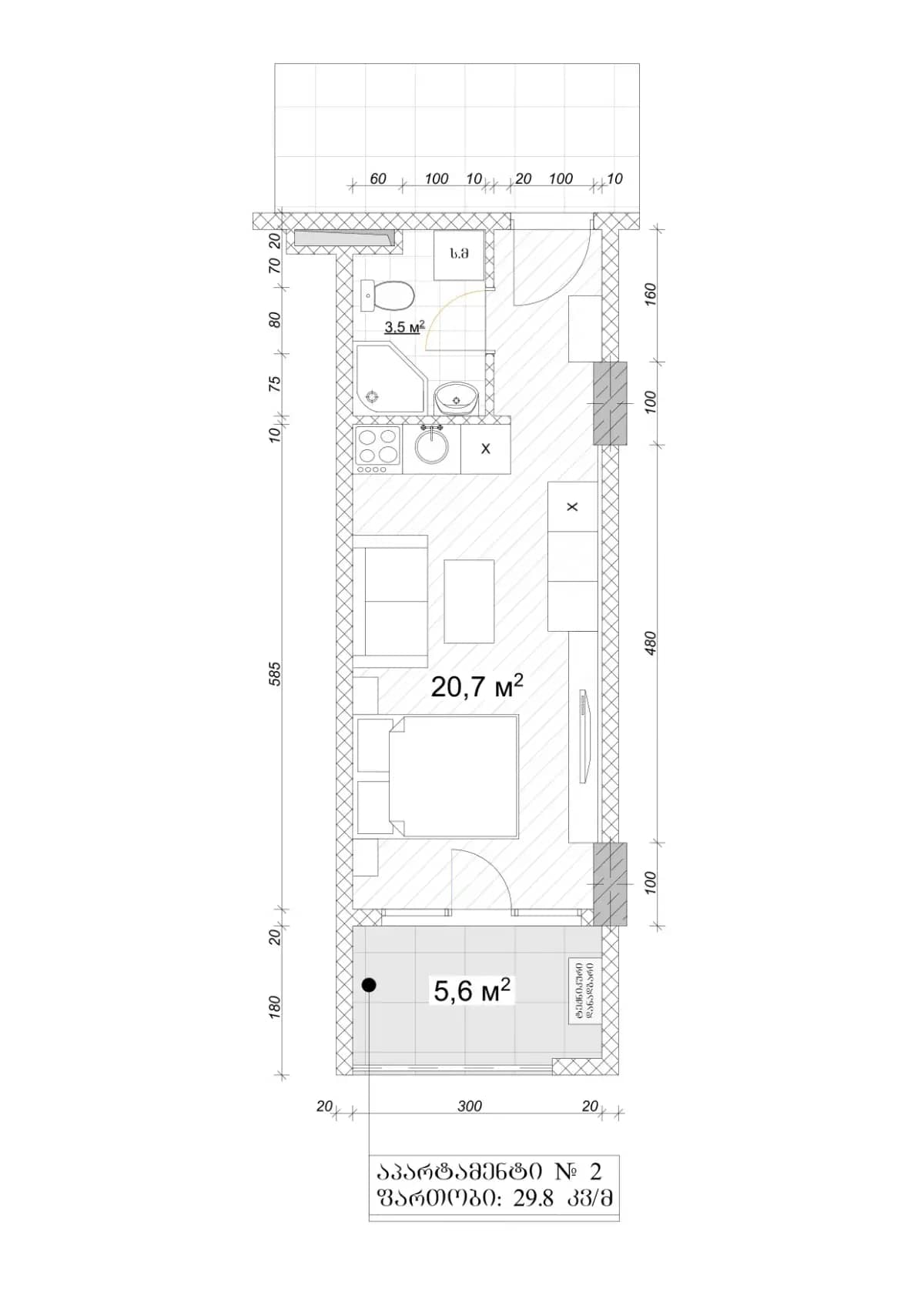 单间, 29.8 m²