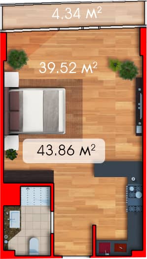 Студия, 43.9 м²
