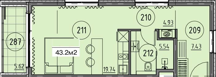 Студия, 43.2 м²