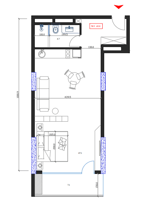 单间, 58.9 m²