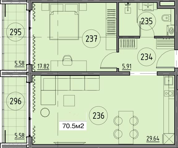 一居室, 70.5 m²