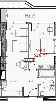 شقة بغرفة واحدة, 52.8 م²