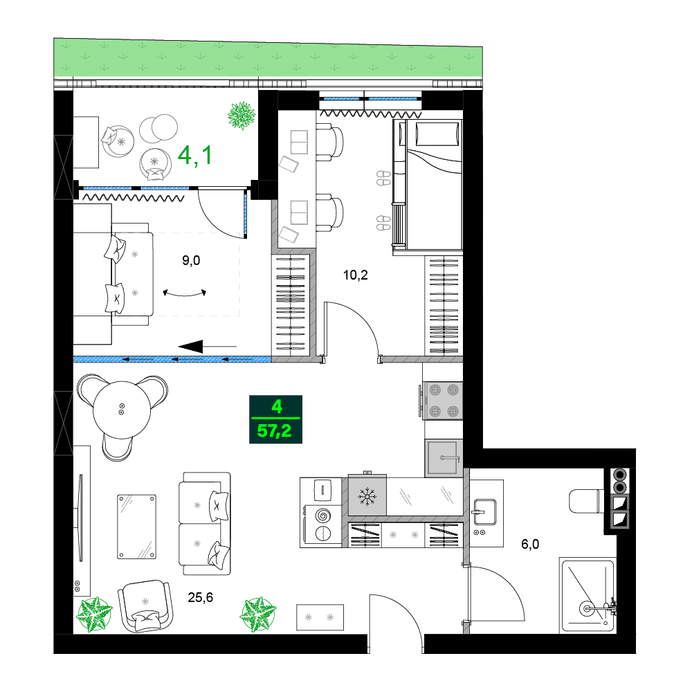 三居室, 57.2 m²