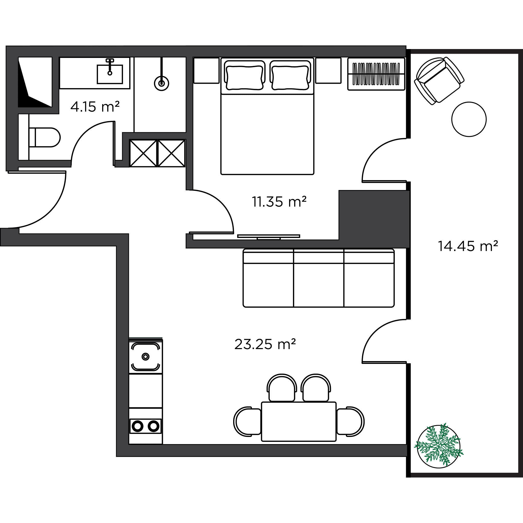 1-room, 53.1 m²
