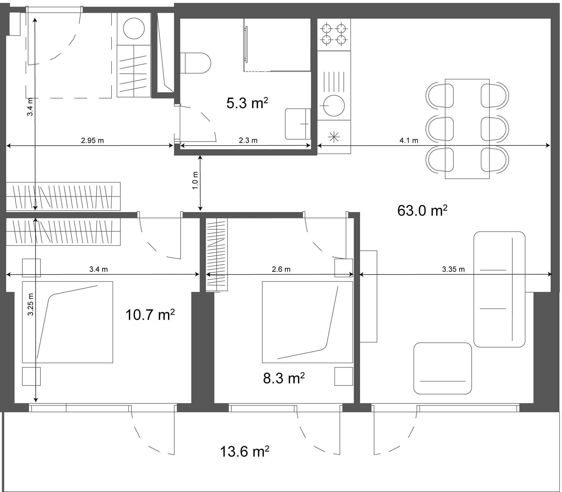 2-room, 76.6 m²