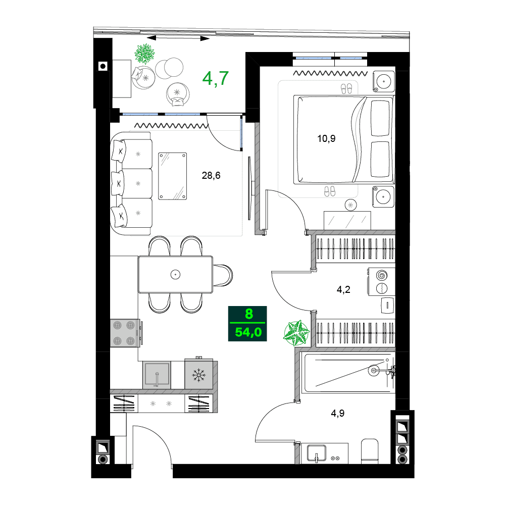 两居室, 54 m²