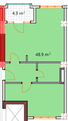 一居室, 53.3 m²