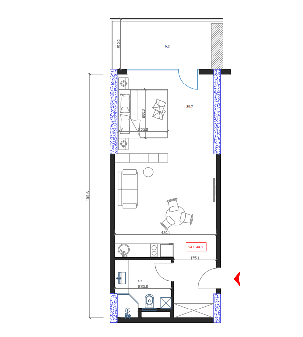 单间, 54.7 m²