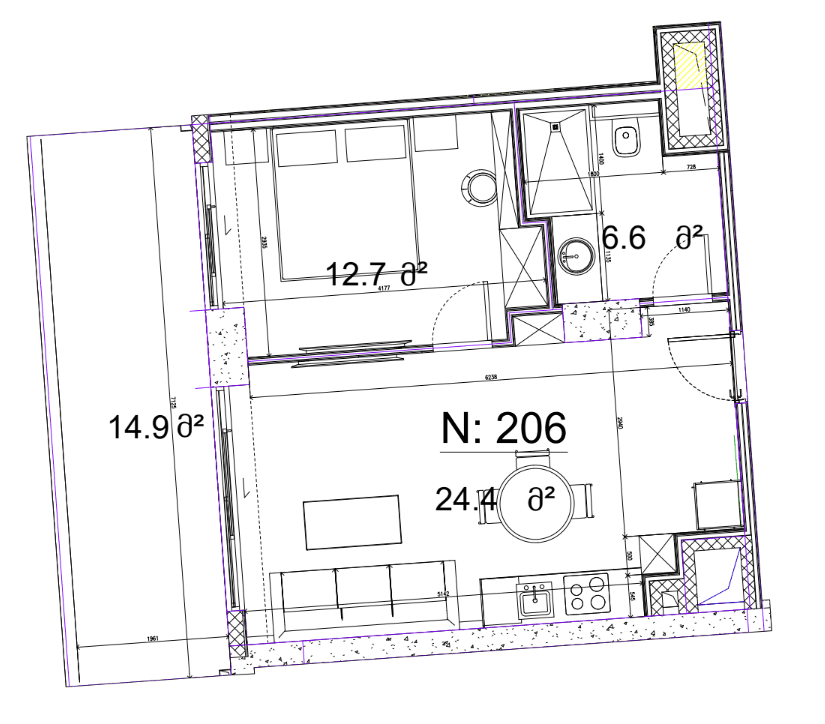 1-room, 58.6 m²