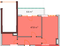 一居室, 53.6 m²