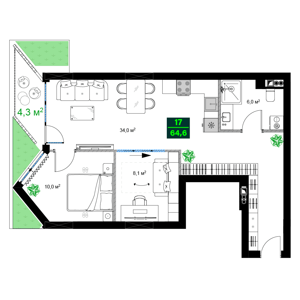 三居室, 64.6 m²
