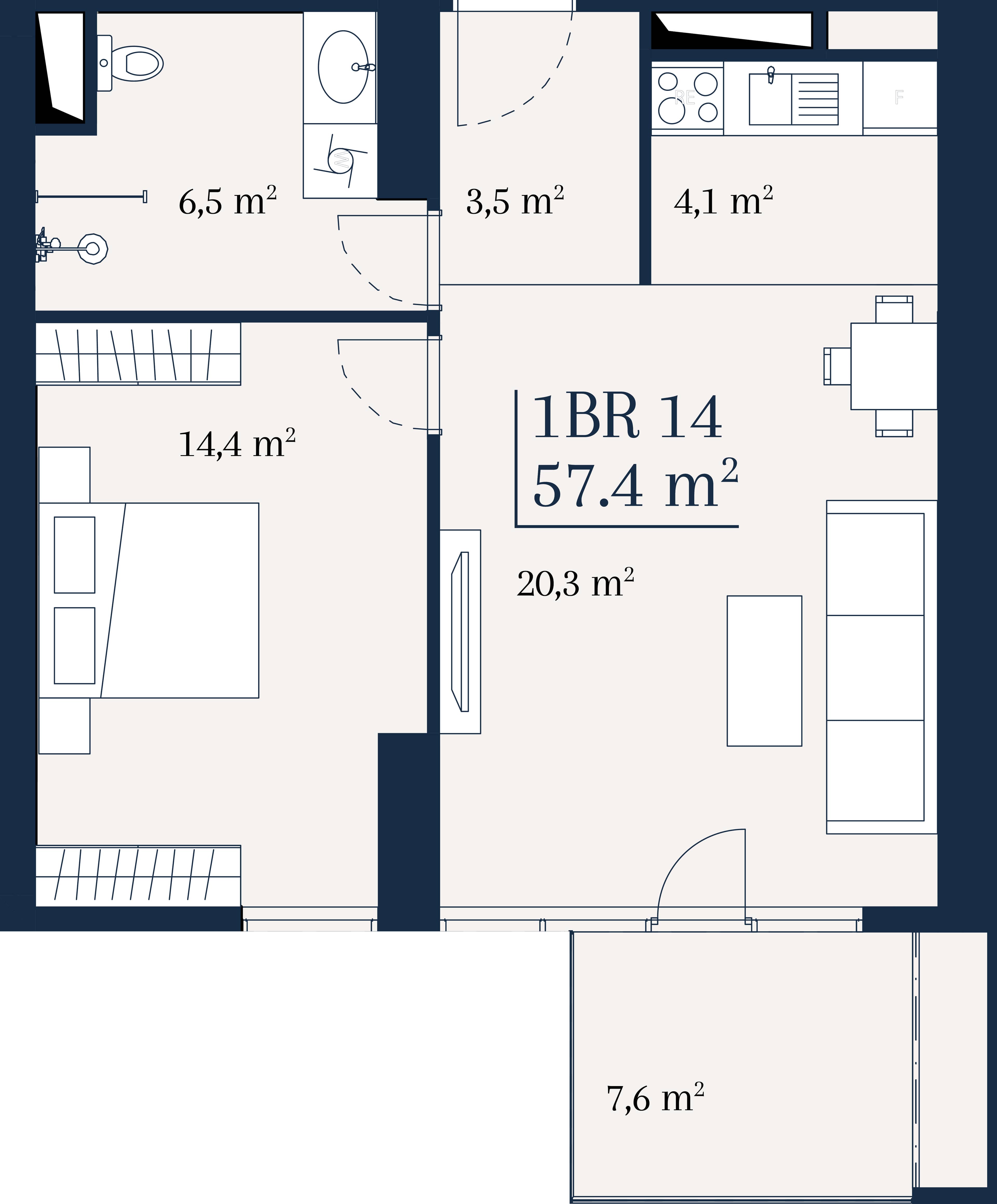 1-room, 57.4 m²