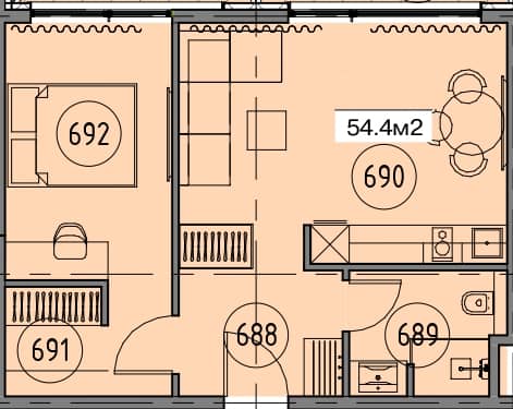 1-комн., 54.4 м²