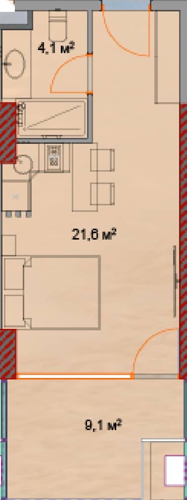 استوديو, 35.6 م²