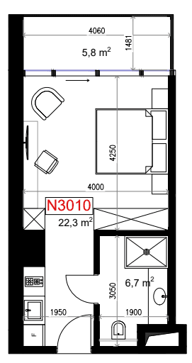 一居室, 34.8 m²