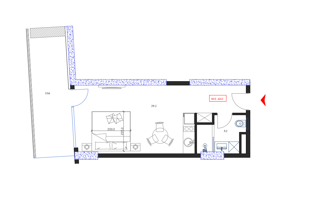 单间, 48 m²