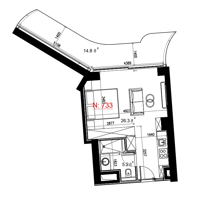 Студия, 46.3 м²