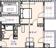 一居室, 57.1 m²