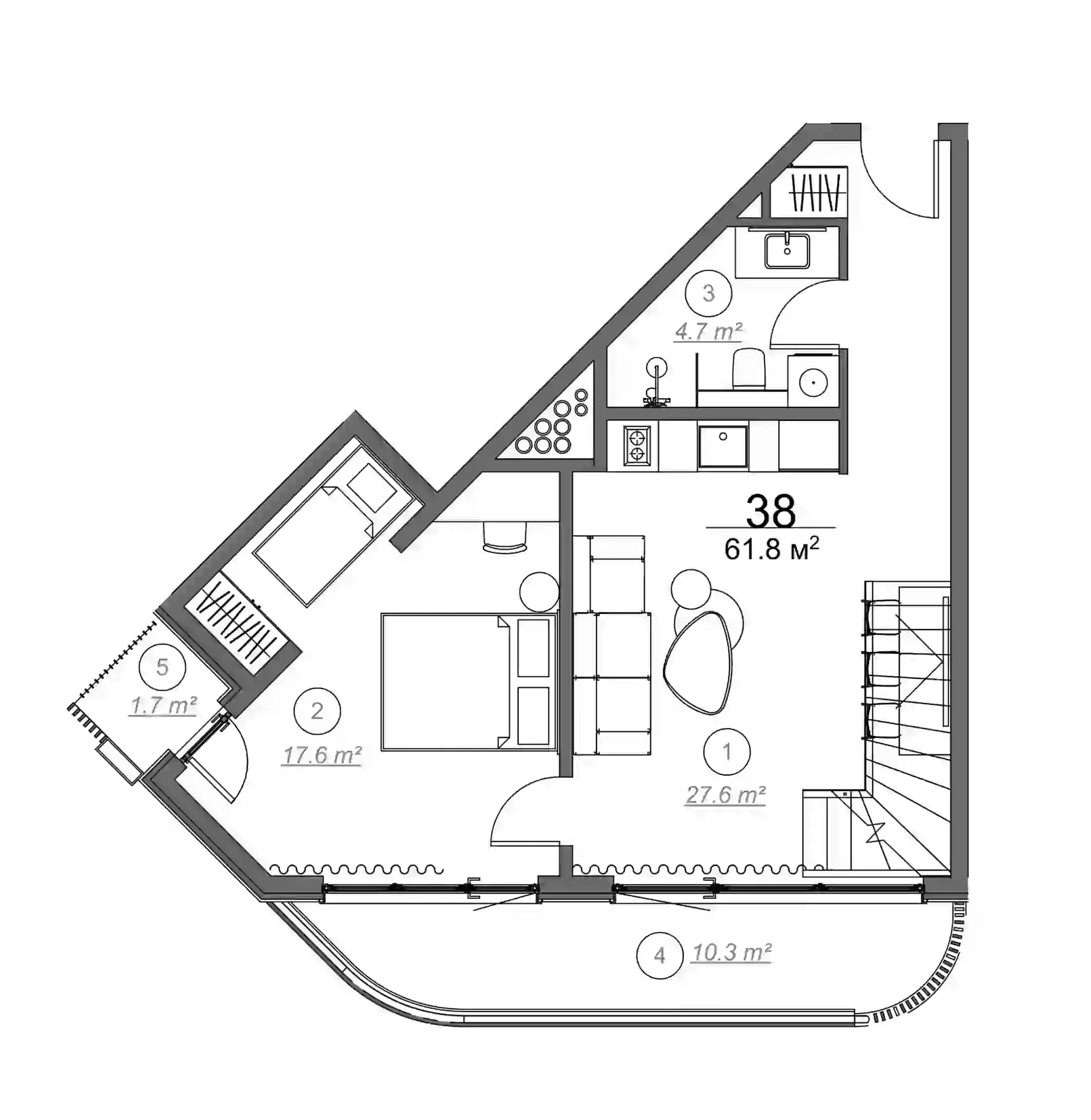 1-room, 61.8 m²