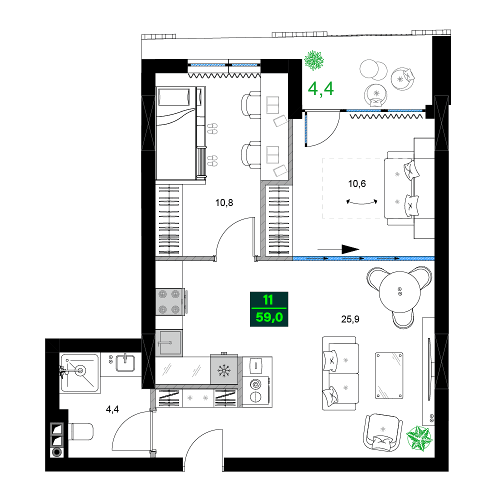 3-комн., 59 м²
