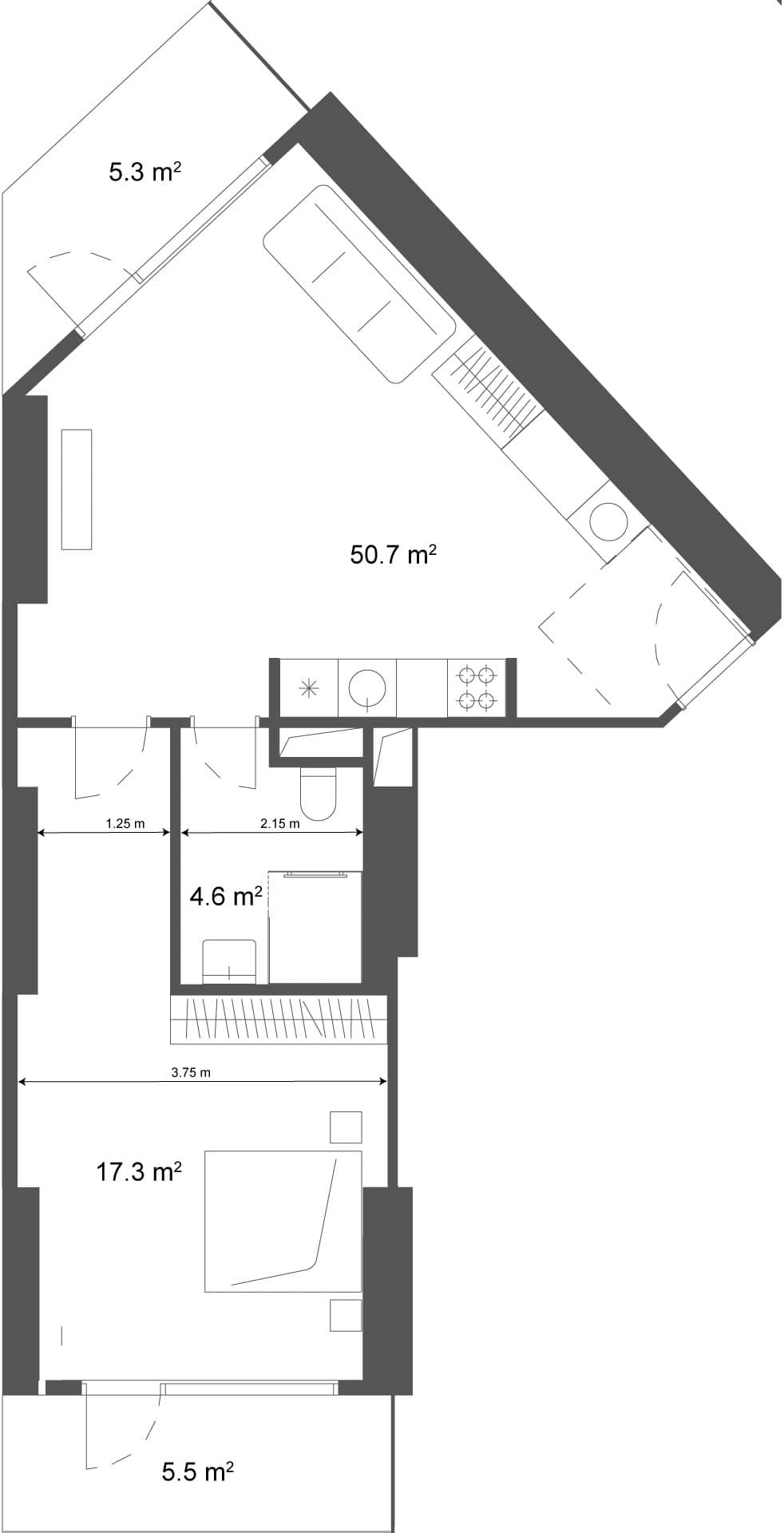 1-room, 61.5 m²