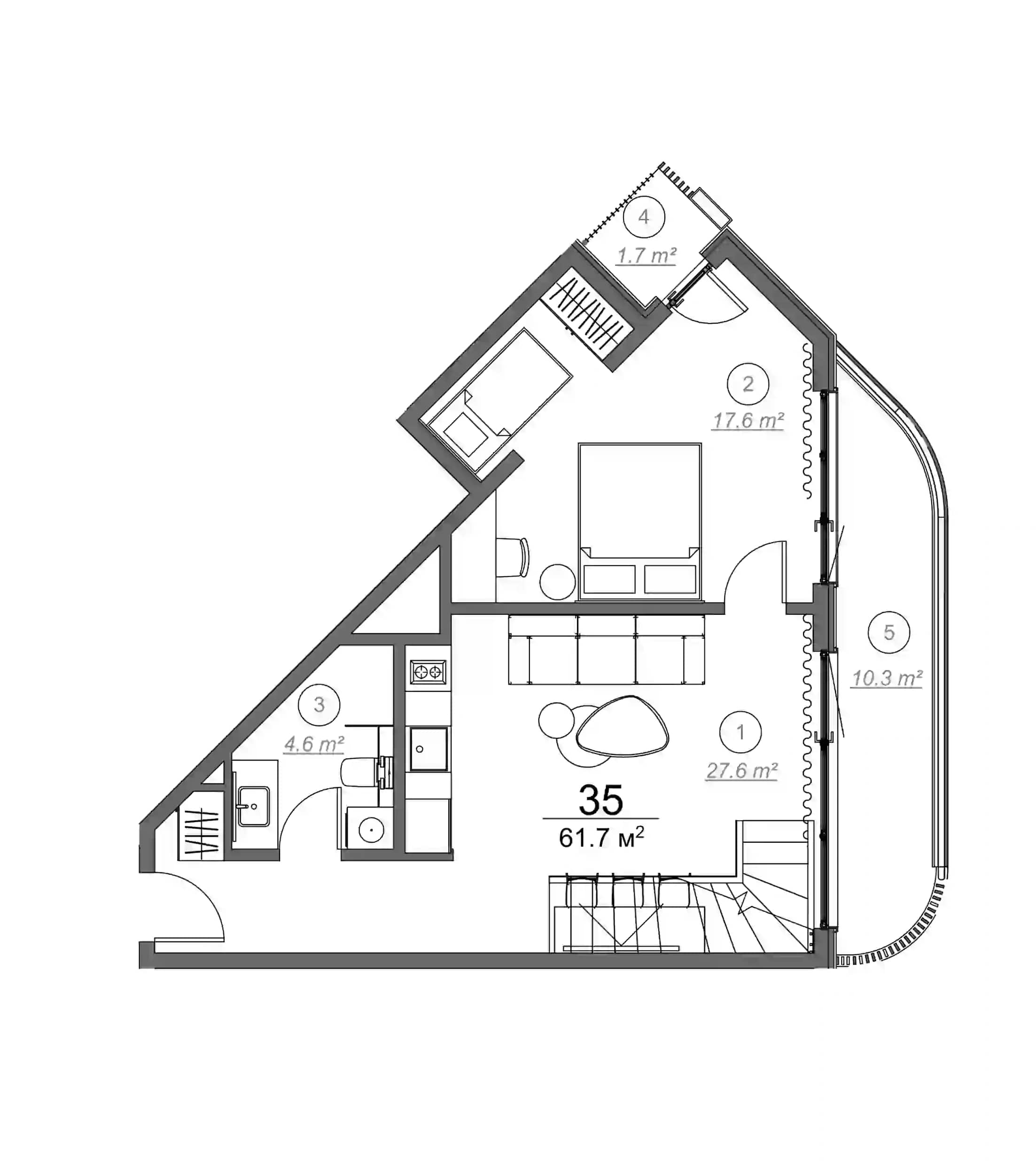 1-room, 61.7 m²