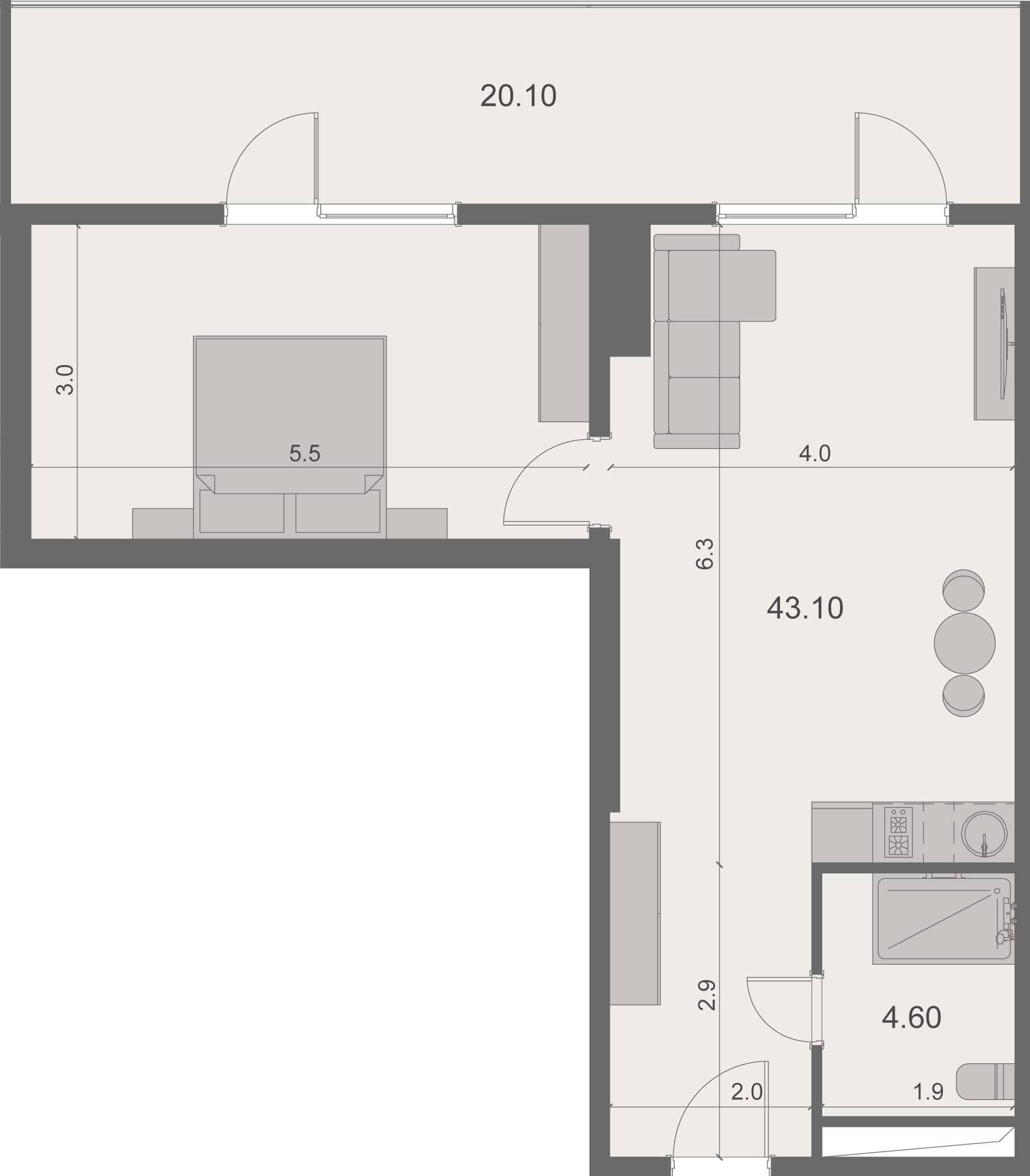 1-room, 67.8 m²