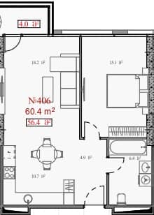 شقة بغرفة واحدة, 60.4 م²