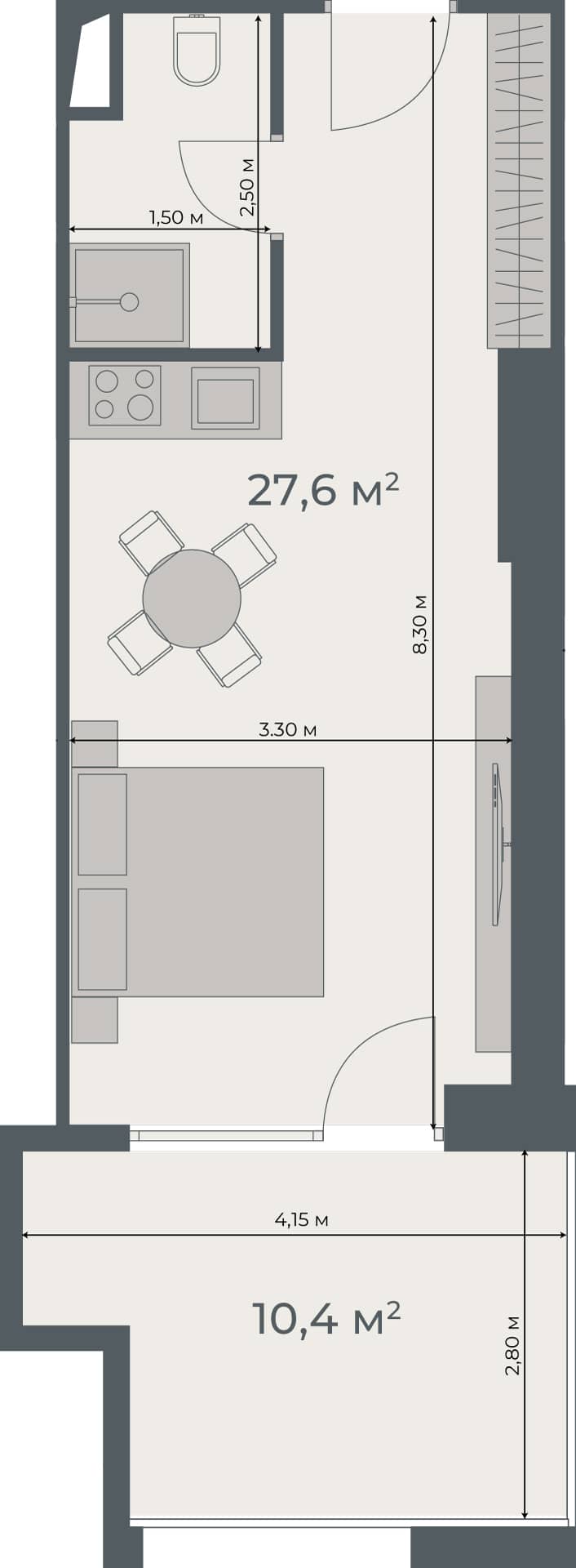 单间, 38 m²