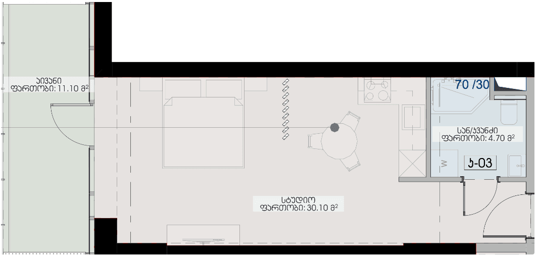 Студия, 45.9 м²