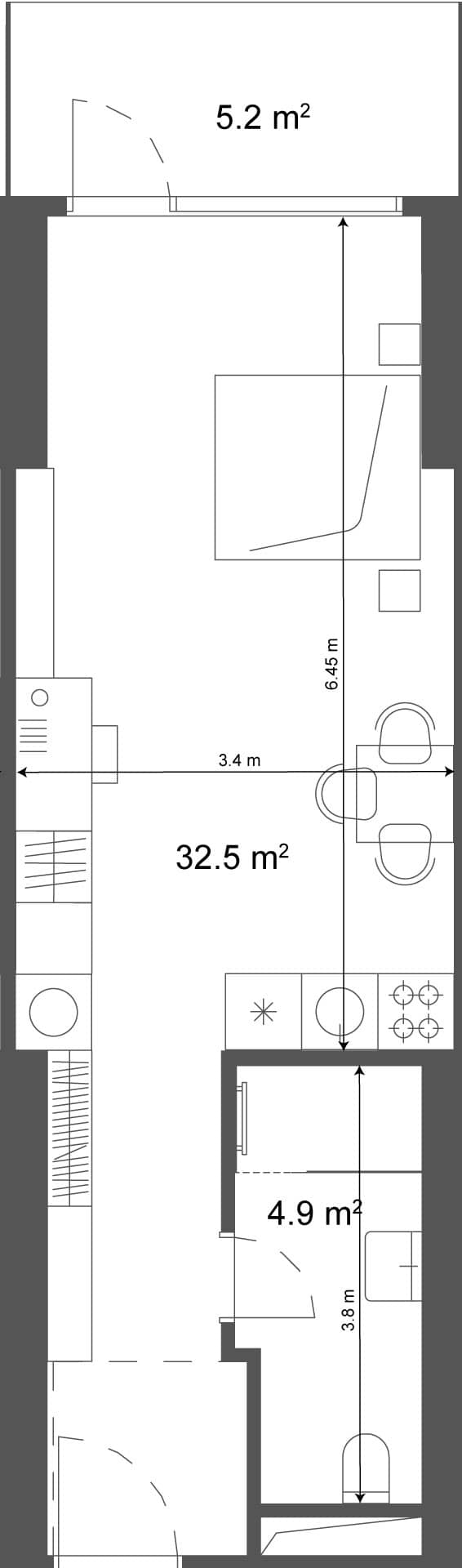 استوديو, 37.7 م²