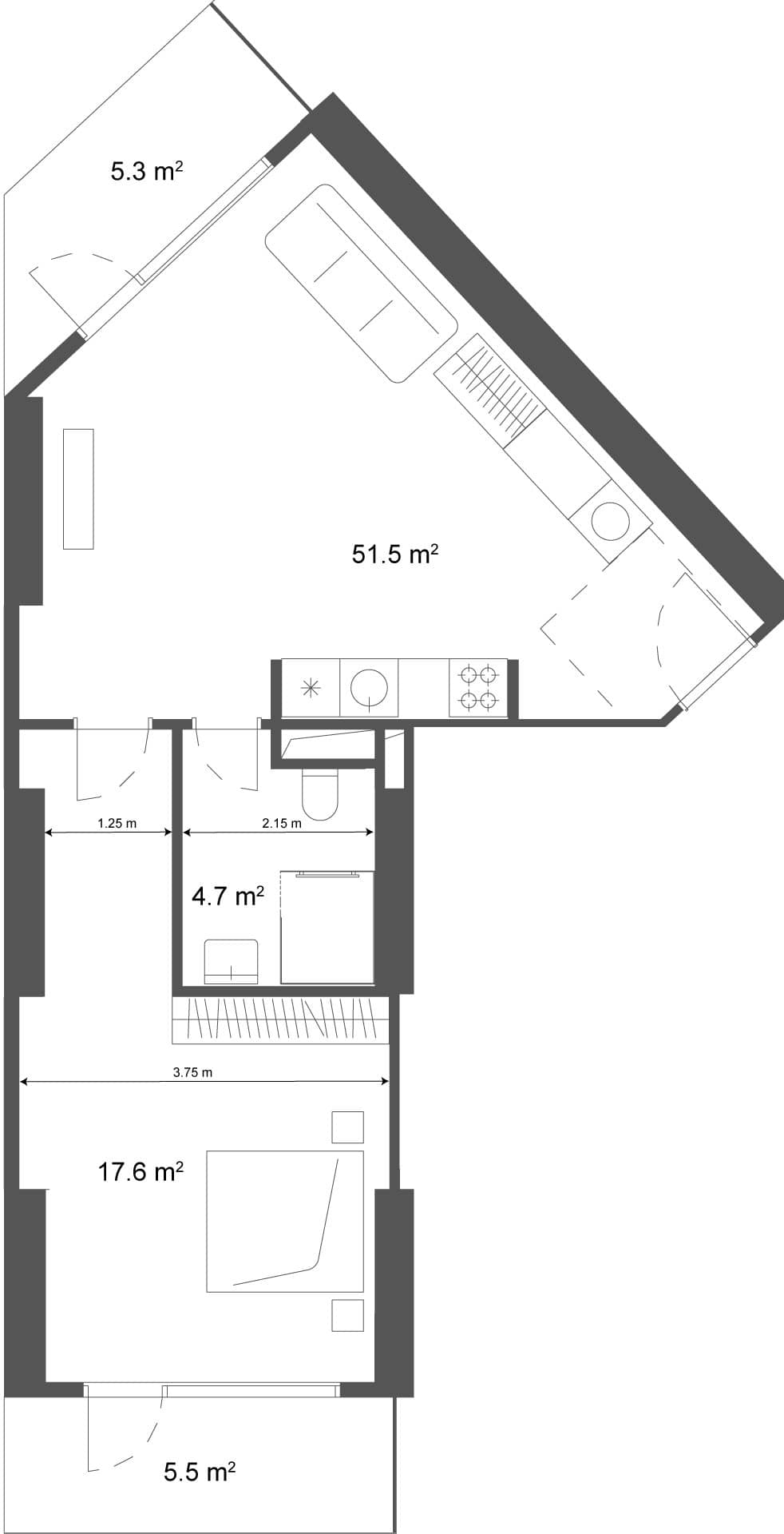 1-room, 62.3 m²