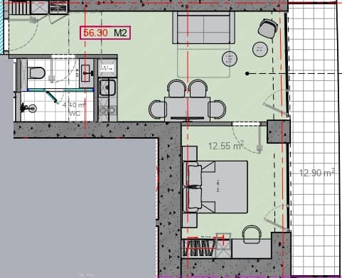 一居室, 60.8 m²
