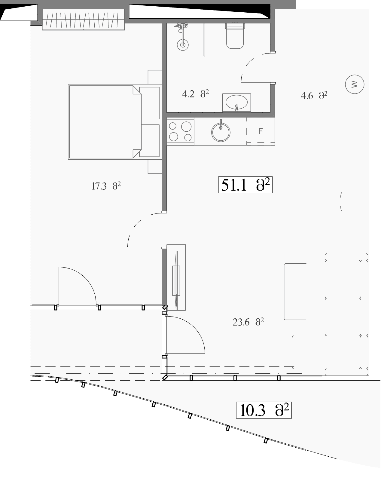 شقة بغرفة واحدة, 61.4 م²