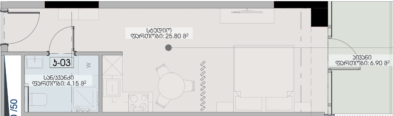 استوديو, 36.9 م²