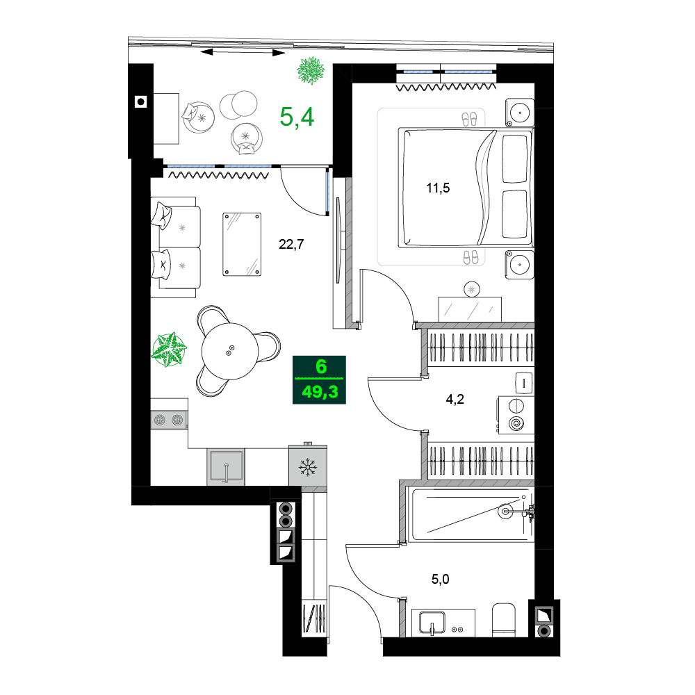 两居室, 49.3 m²
