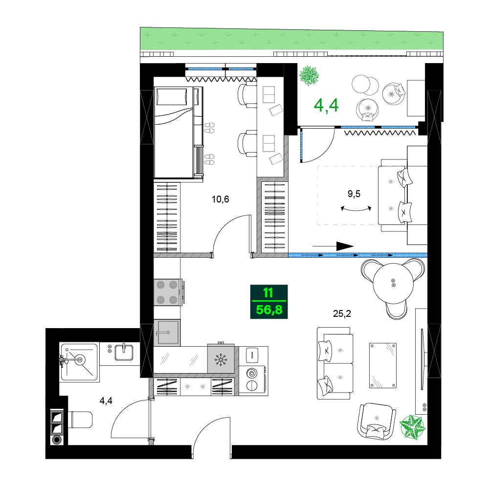 三居室, 56.8 m²