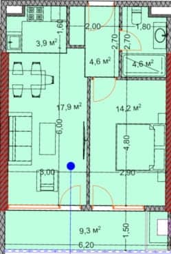 1-room, 54.7 m²