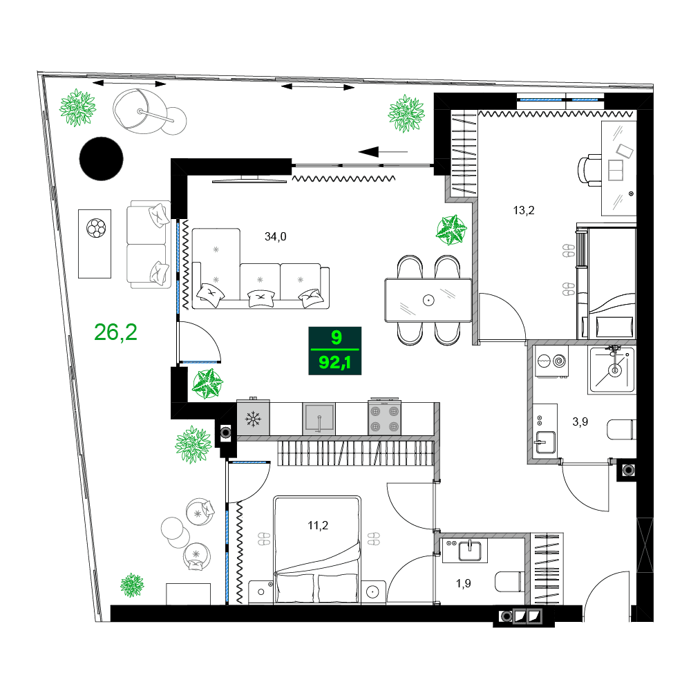 3-room, 92.1 m²