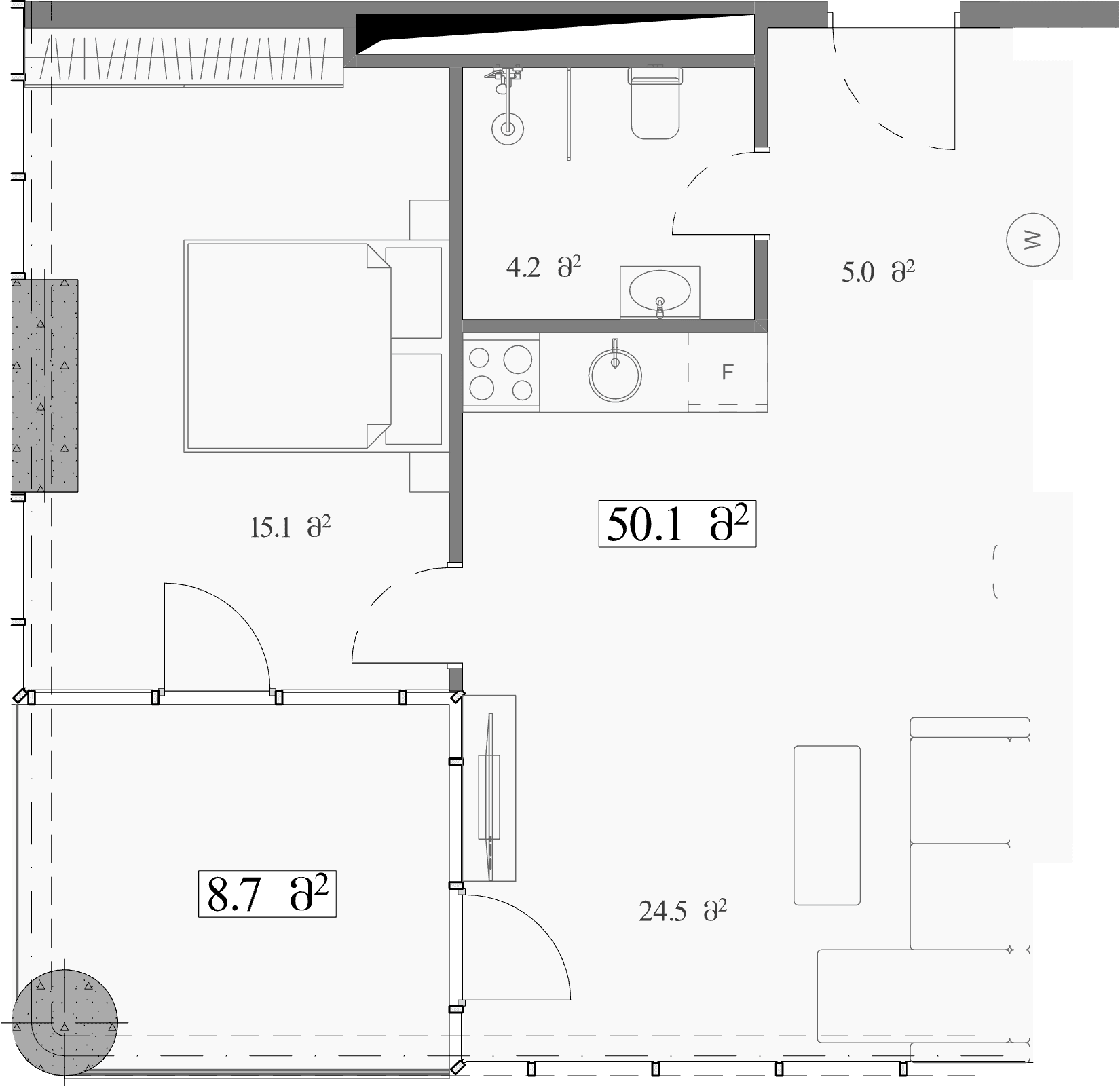 شقة بغرفة واحدة, 58.8 م²