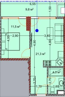 1-room, 46.4 m²