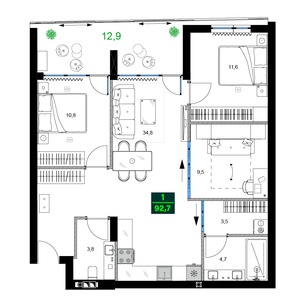 四居室, 92.7 m²