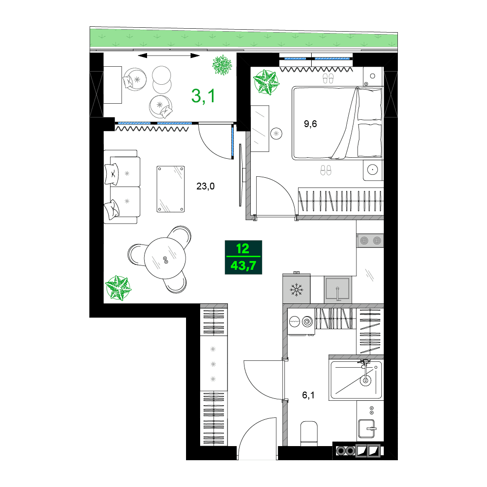2-комн., 43.7 м²