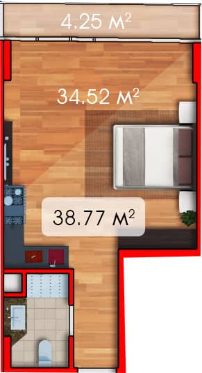 Студия, 38.8 м²