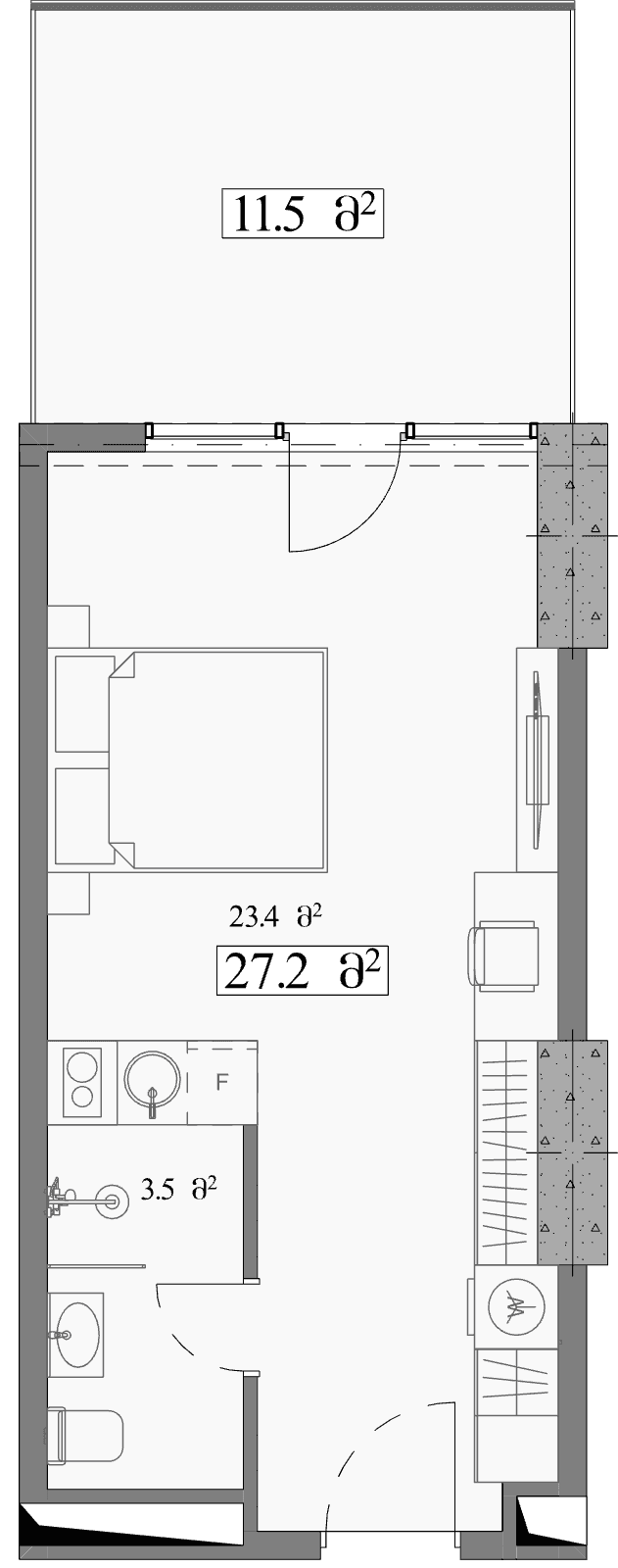 استوديو, 38.7 م²