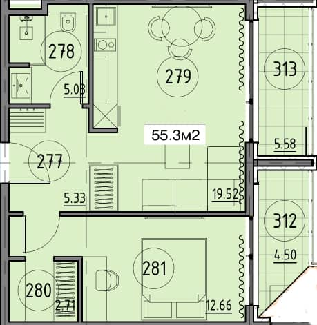 1-room, 55.3 m²