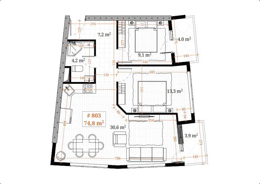 三居室, 74.8 m²
