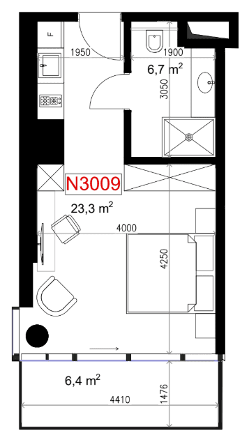 一居室, 36.4 m²