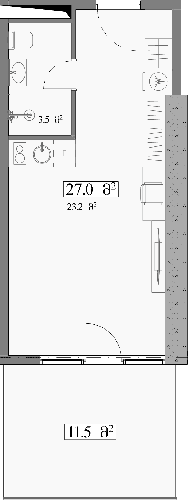 استوديو, 38.5 م²